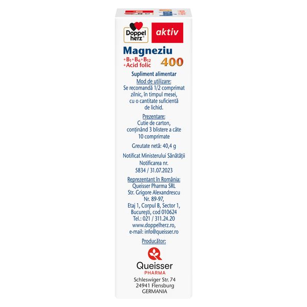 Magneziu 400 mg + Acid folic + Vitamina B1 + B6 + B12, Doppelherz Aktiv | 30 comprimate — poza produs 3/4