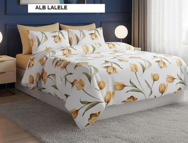 Poza produs Lenjerie de pat policoton ELVO alb lalele 230x250 cm, Ralex | 1 buc