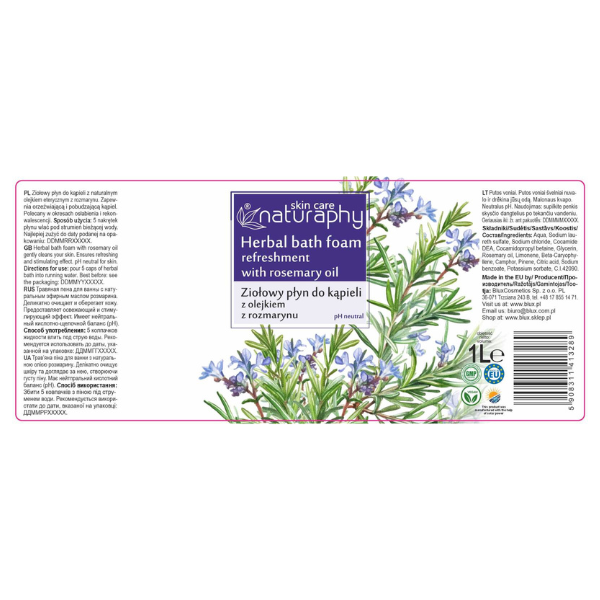 Poza produs Spuma de baie cu Ulei esential de Rozmarin Naturaphy Herbal, Blux | 1L