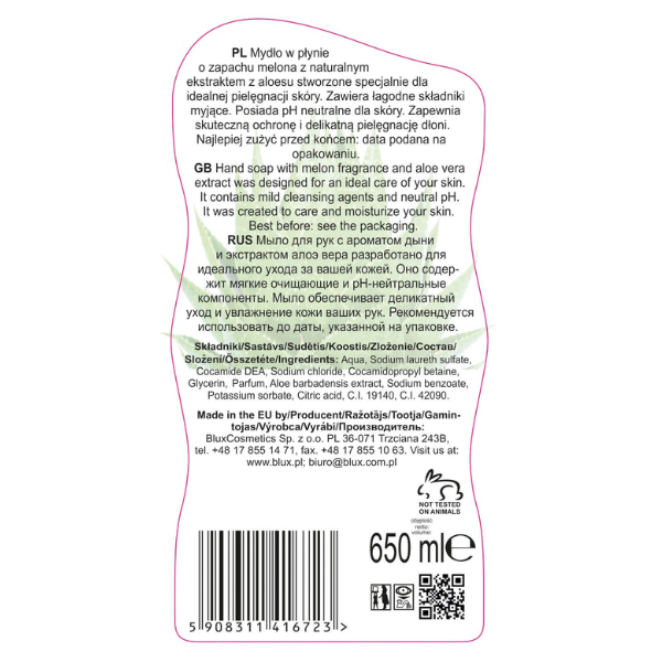 Poza produs Sapun lichid Pepene Galben si Aloe Vera Naturaphy, Blux | 650 ml