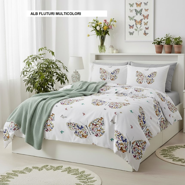 Poza produs Lenjerie de pat policoton ELVO alb fluturi multicolori 230x250 cm, Ralex | 1 buc