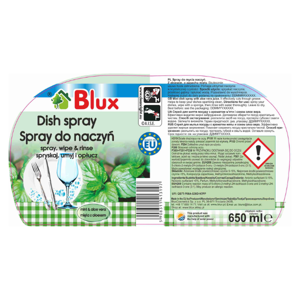 Poza produs Detergent -spray vesela Menta si Aloe Vera, Blux | 650 ml