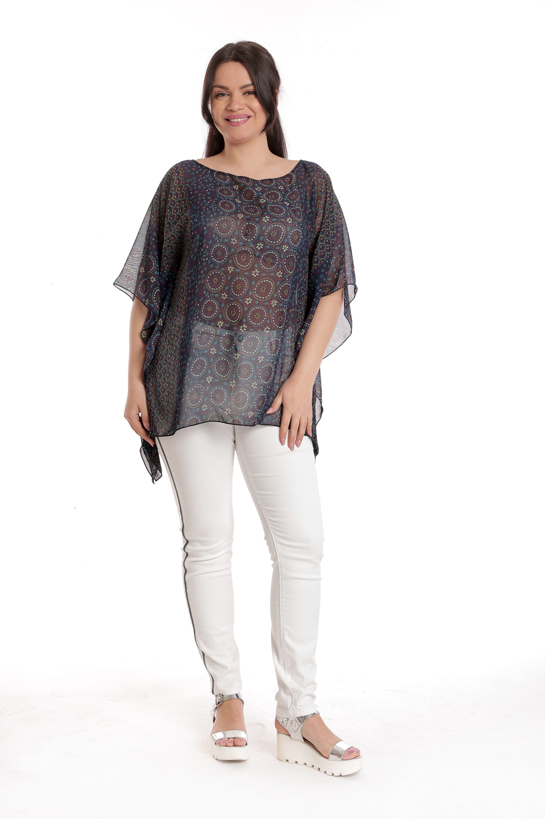 Poza produs Bluza dama voal CV23037 bleumarin & multicolor stilizat, Cesy | marimea L/XL