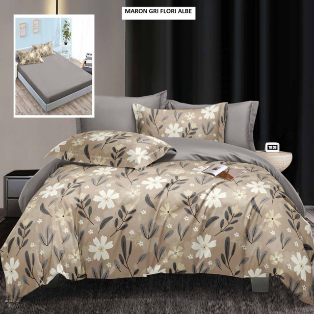 Poza produs Lenjerie cu husa ELEGANCE maron gri flori albe 180x200 cm, Ralex | 1 buc