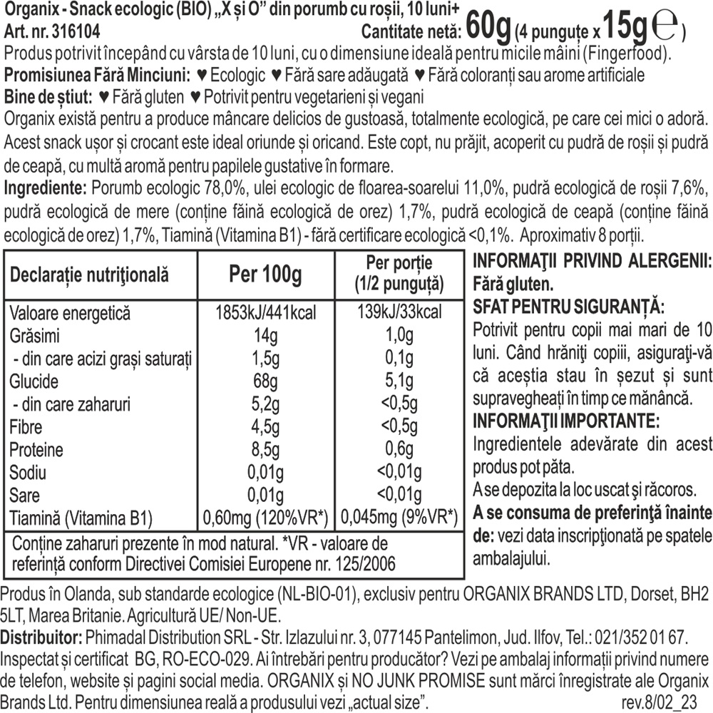 Poza produs SNACK ECOLOGIC BIO X SI 0 DIN PORUMB CU ROSII 10+ 4X15G 316104