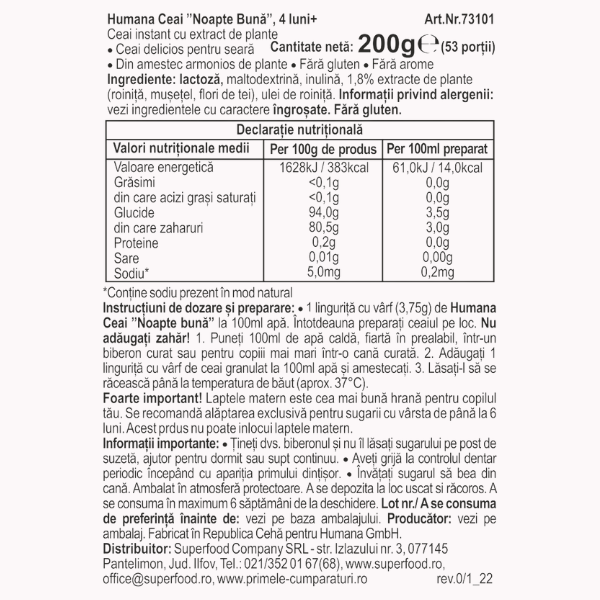 Poza produs Ceai Noapte Buna 4+ luni, Humana | 200 g