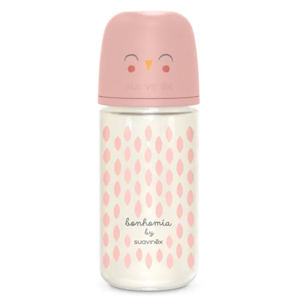 Poza produs Biberon din sticla cu tetina SX Pro cu debit mediu, roz, Bonhomia, Suavinex | 240 ml