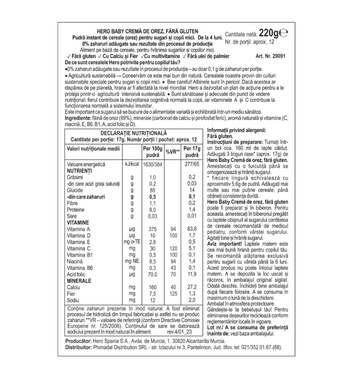 Poza produs Pudra instant cereale din orez 4+ luni, Hero | 220 g