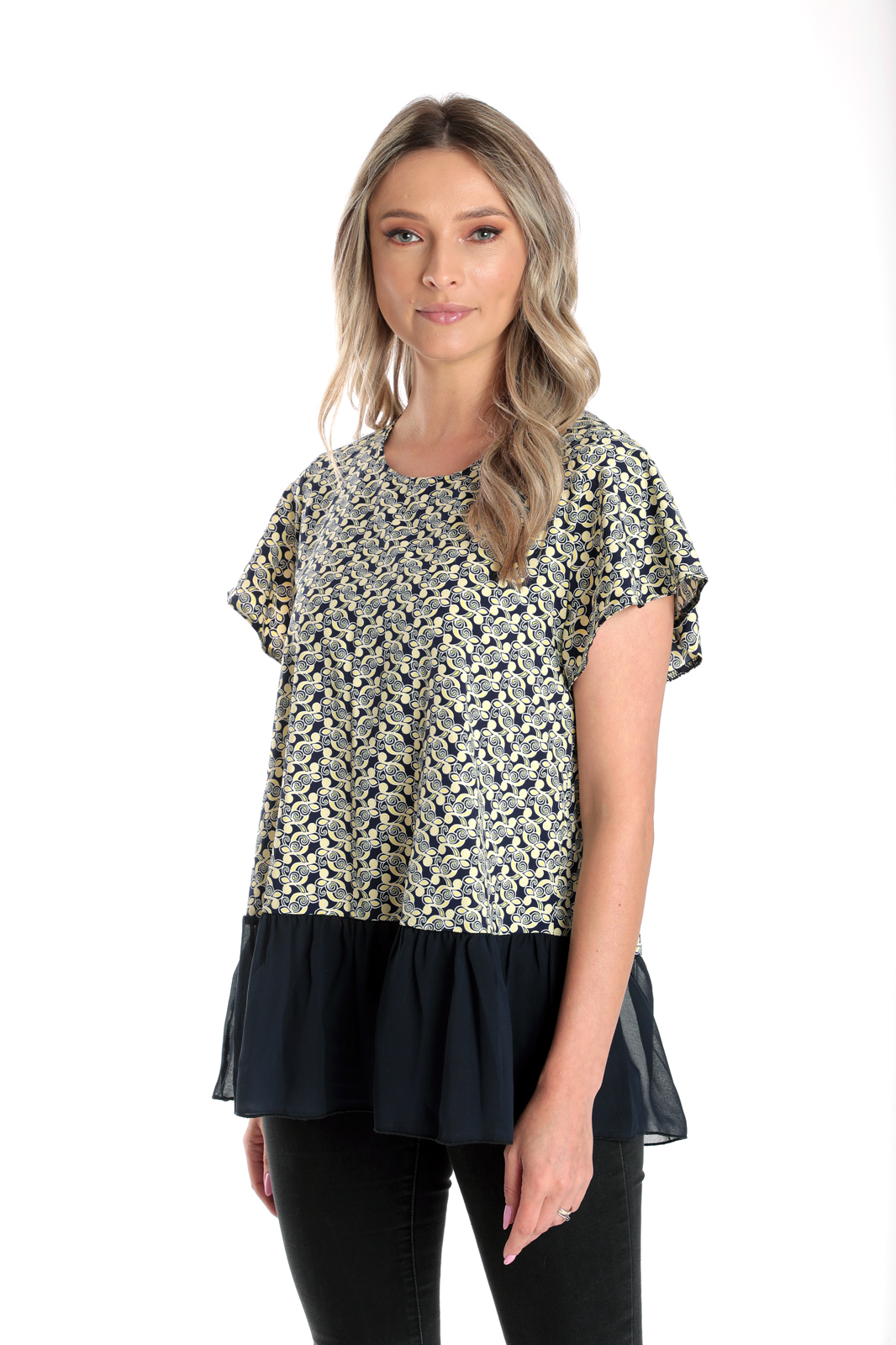 Poza produs Bluza volan CV24057 bleumarin/galben microimprimeu, Cesy | marimea L