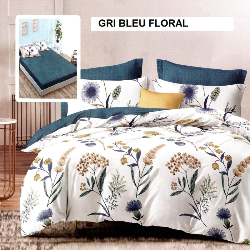 Poza produs Lenjerie pat cu husa FINET (6 piese) gri bleu floral 180x200 cm, Ralex | 1 buc