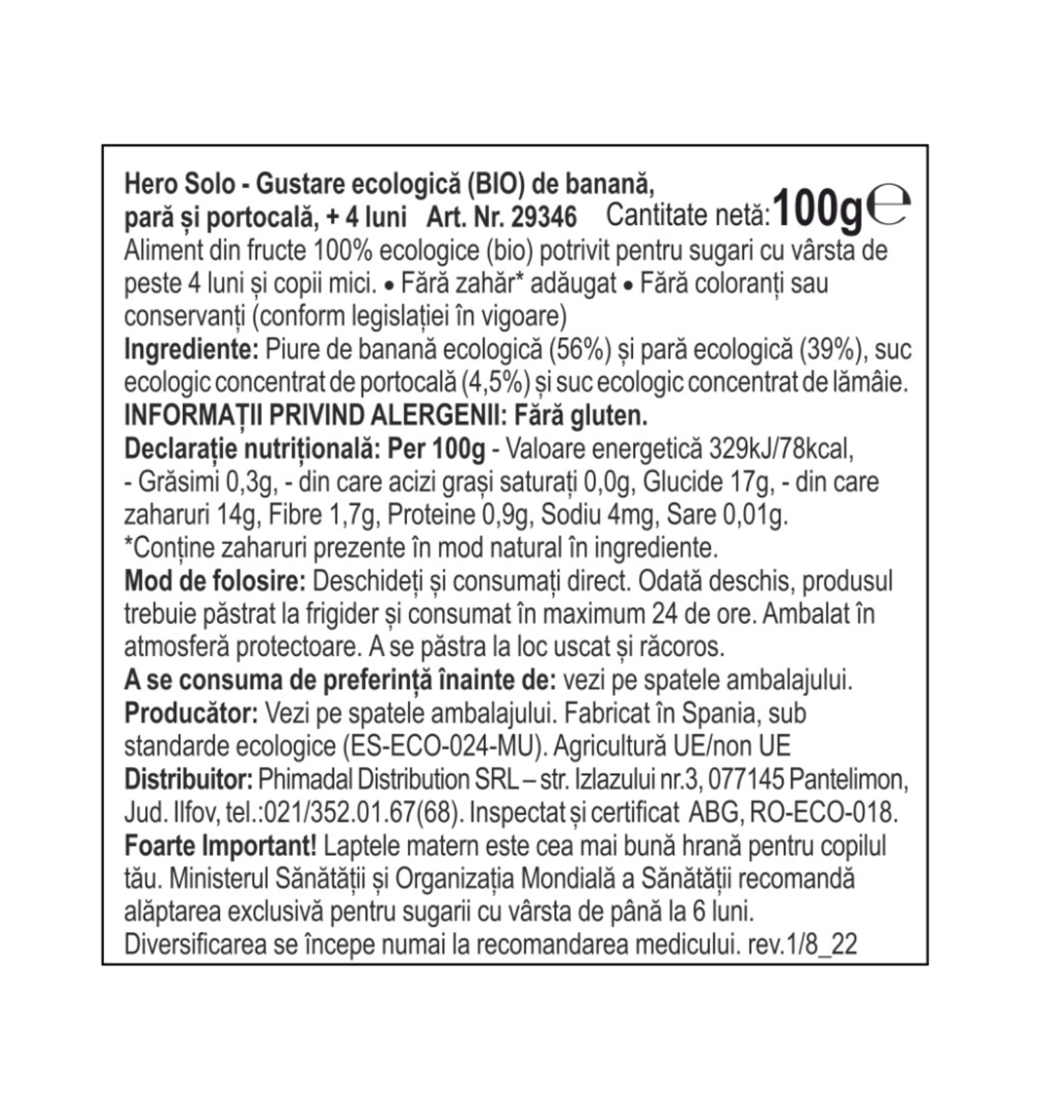 Poza produs Gustare ecologica banana, para si portocala 4+ luni Solo, Hero | 100 g