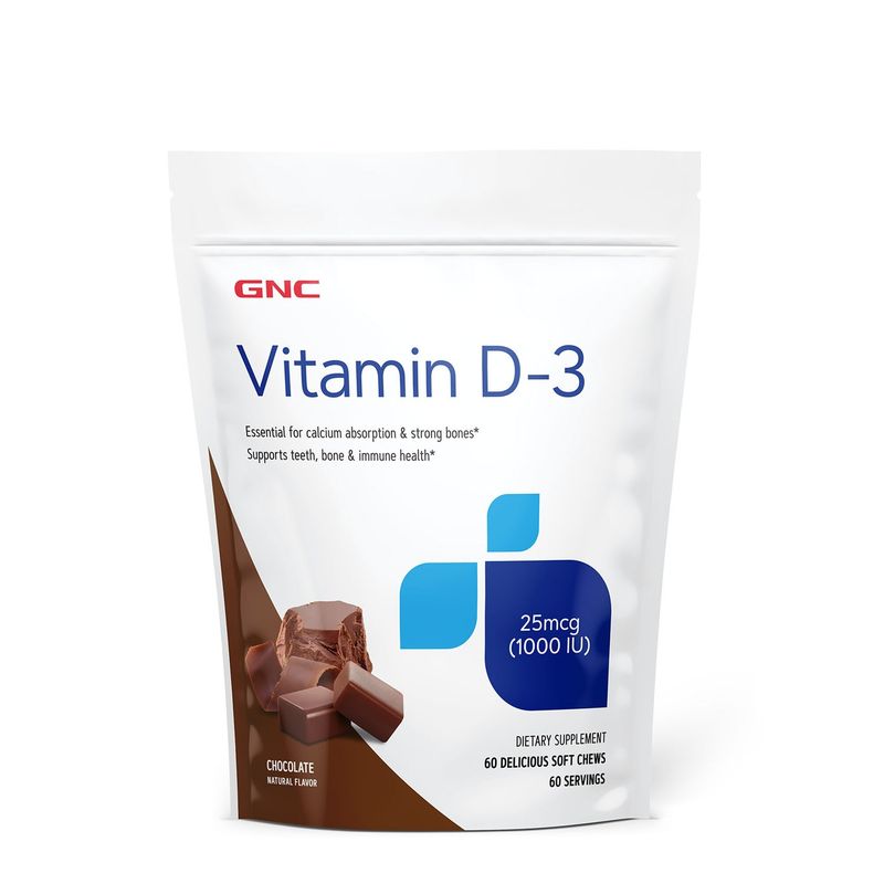 Poza produs GNC Vitamina D-3 1000 UI Naturala 100% din Lanolina, cu Aroma de Ciocolata | 60 Caramele