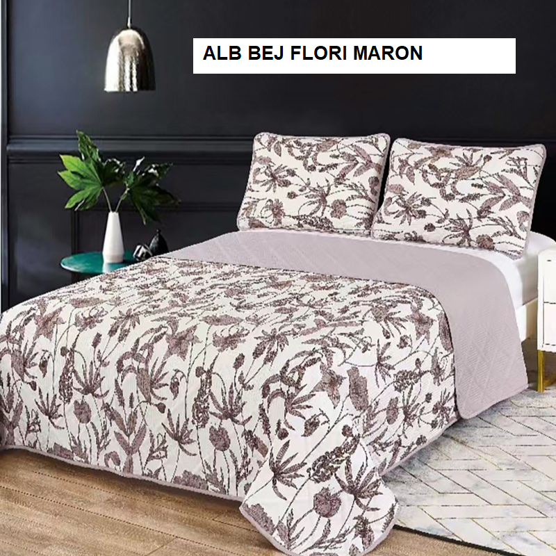 Poza produs Set cuvertura + 2 fete de perna ELEGANCE alb bej flori maron 230x240 cm, Ralex | 1 buc