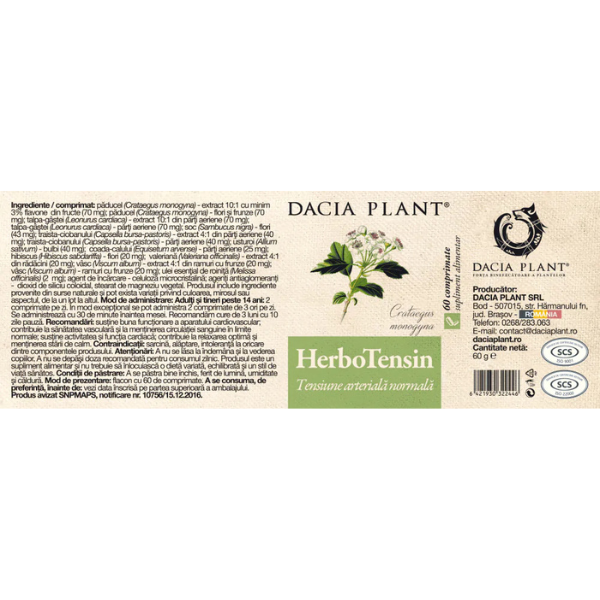 Poza produs Herbotensin (Reglator al Tensiunii), Dacia Plant | 120 comprimate