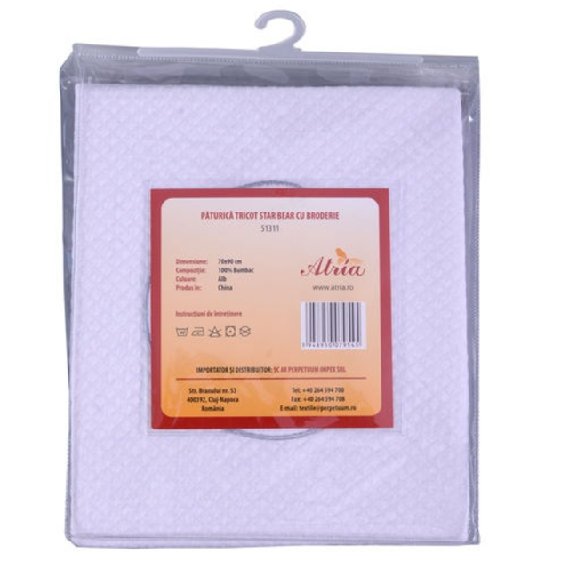 Poza produs Paturica tricot brodata pentru bebelusi STAR BEAR alba, Perpetuum | 70x90 cm