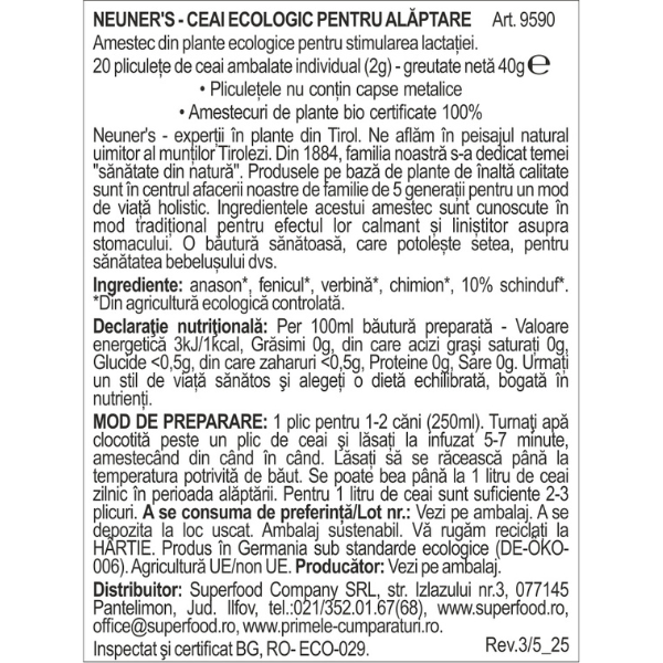 Poza produs Ceai Ecologic pentru Alaptare, Neuners | 20 pliculete