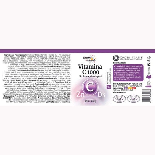 Poza produs Vitamina C 1000 cu Zinc si D3, Dacia Plant | 60 comprimate