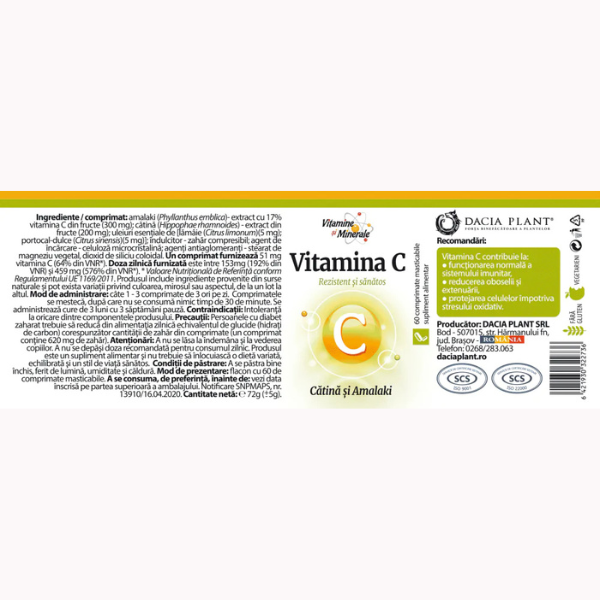 Poza produs Vitamina C din Catina si Amalaki, Dacia Plant | 60 comprimate