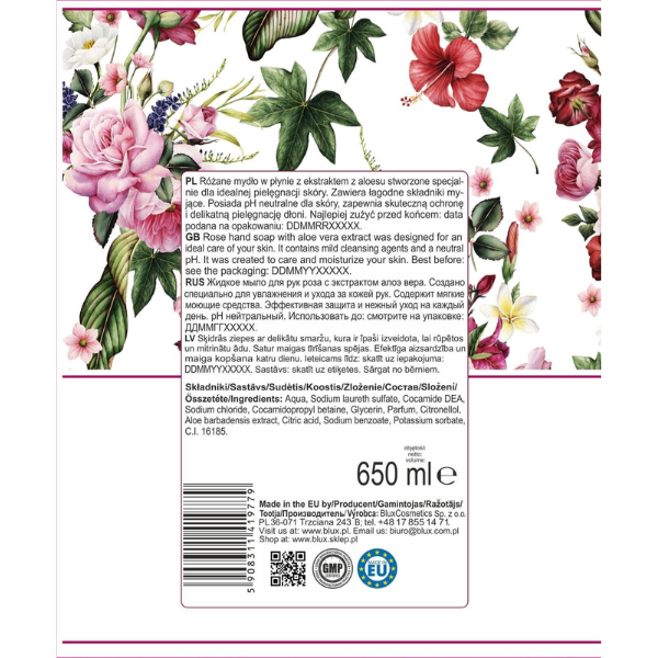 Poza produs Sapun lichid Trandafir si Aloe Vera Naturaphy, Blux | 650 ml