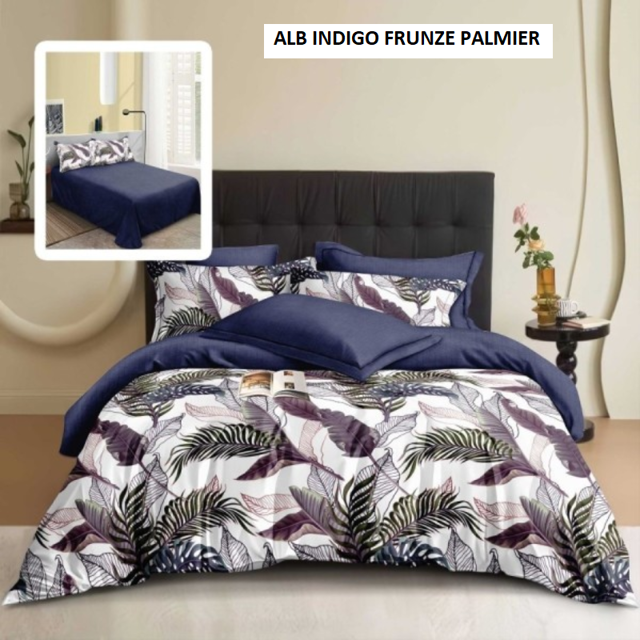 Poza produs Lenjerie pat FINET (6 piese) alb indigo frunze palmier 230x250 cm, Ralex | 1 buc