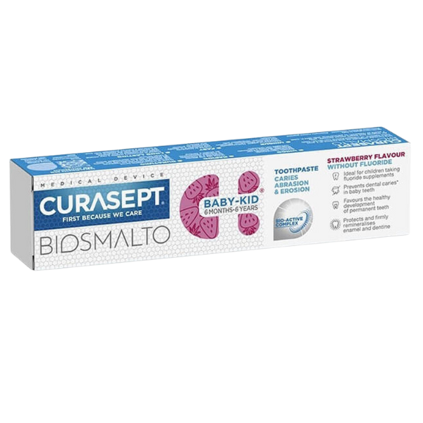 Poza produs Pasta de dinti fara fluor pentru copii de la 6 luni - 6 ani Biosmalto Baby-Kid, cu aroma de capsuni, Curasept | 50 ml