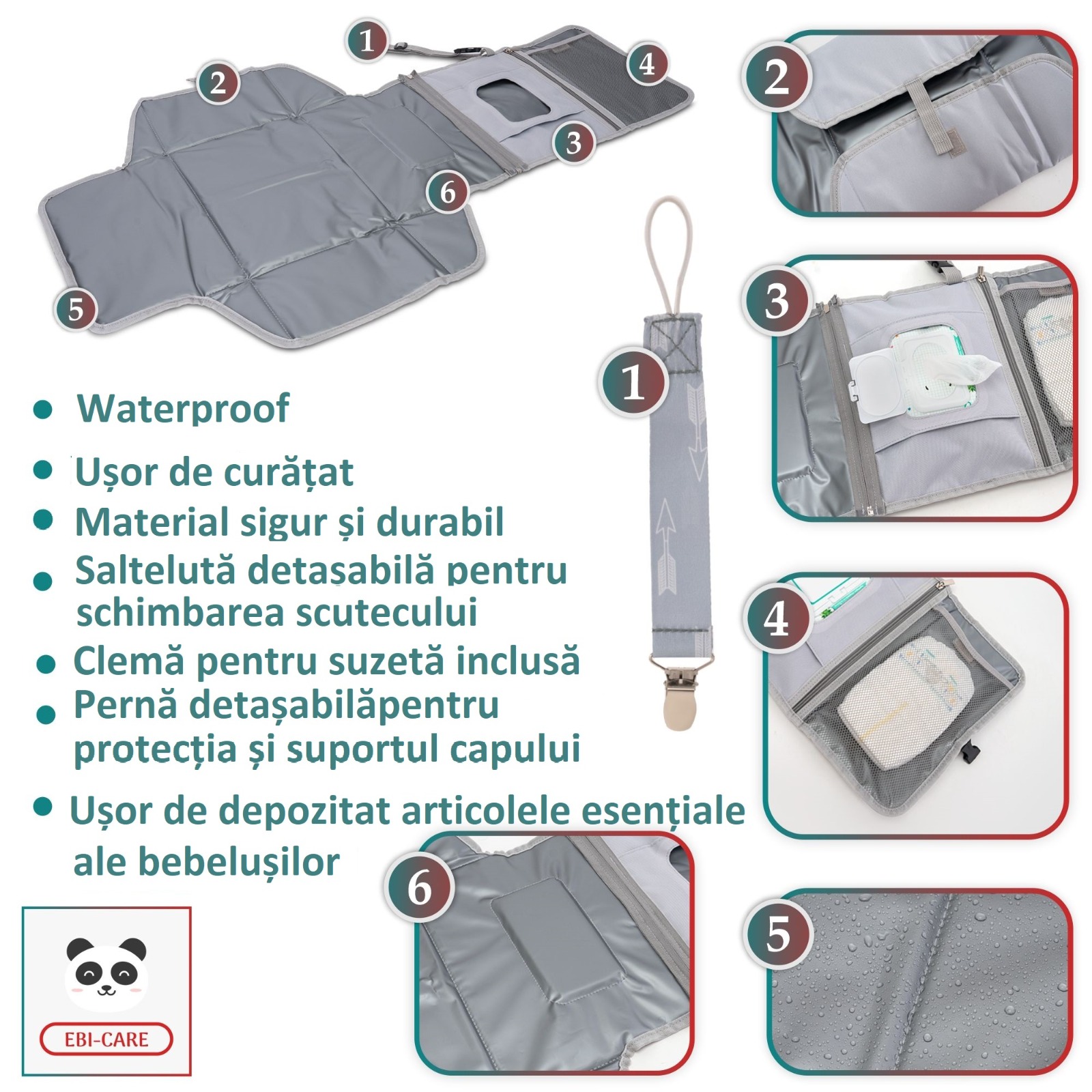 Poza produs Geanta bebelusi pentru schimbat scutece si infasat Gri 32x24 cm, EBI-CARE