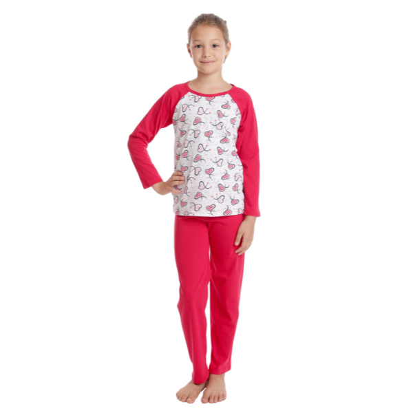 Pijama fete AT2435 rosu/gri inimioare, Andana | marimea 40 (13/14 ani) — poza produs 1/3