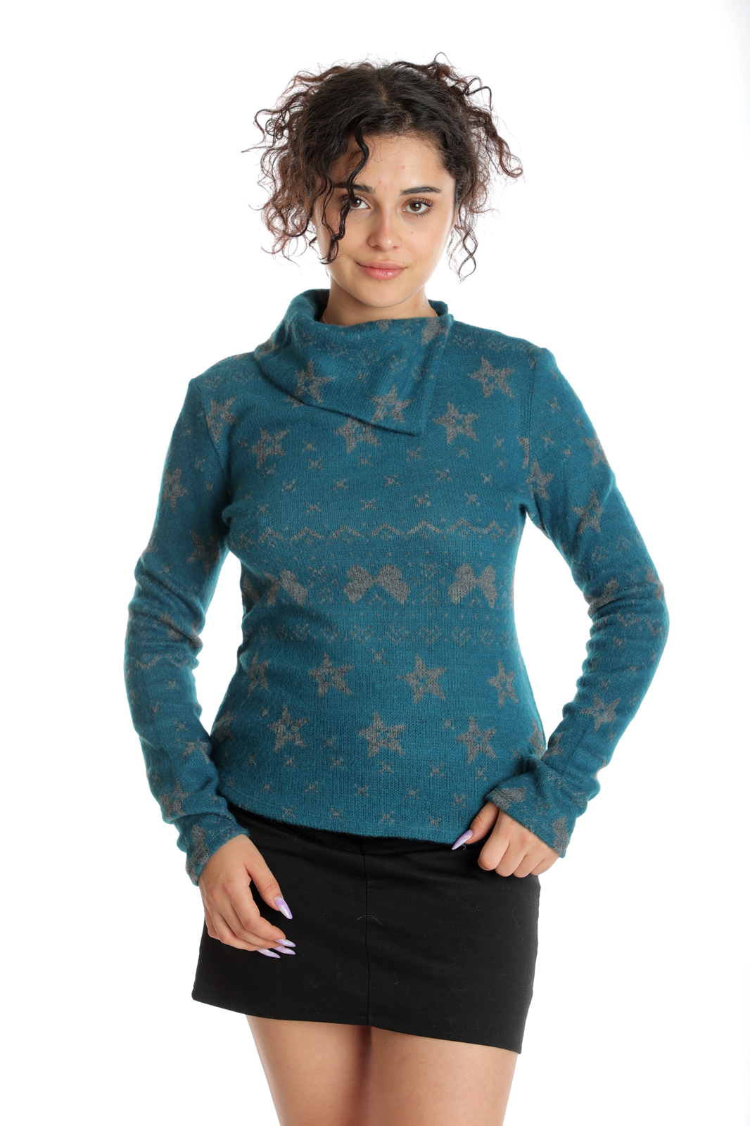 Poza produs Pulover guler CT24095 verde turcoaz/gri, Cesy | marimea S