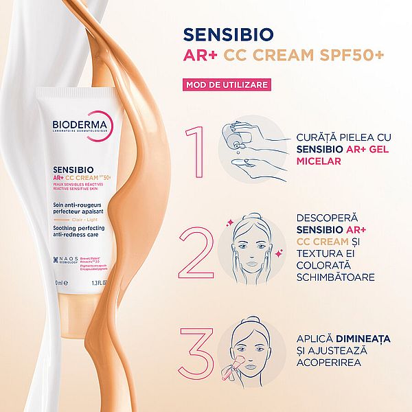 Crema CC pentru piele sensibila cu factor de protectie SPF50+, nuanta Light Tint Sensibio AR+, Bioderma | 40 ml — poza produs 7/14
