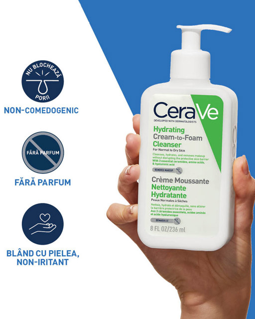 Poza produs Cerave Crema de curatare spumanta si hidratanta ten nomal-uscat | 236 ml