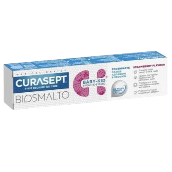 Poza produs Pasta de dinti cu fluor pentru copii de la 6 luni - 6 ani Biosmalto Baby-Kid, cu aroma de capsuni usor mentolata, Curasept | 50 ml
