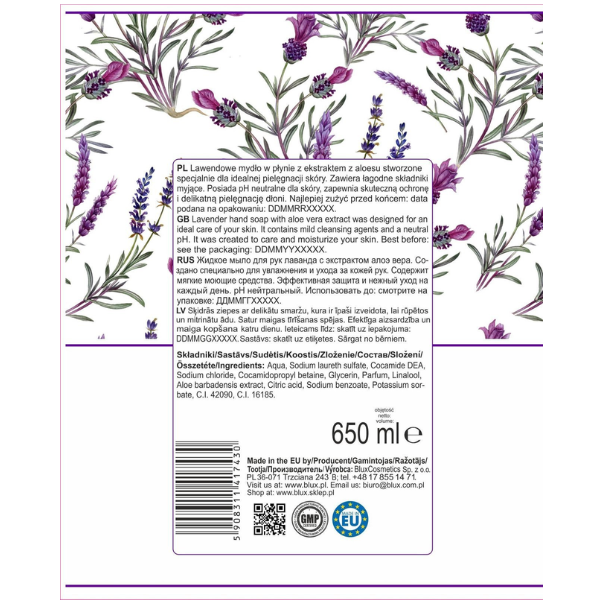 Poza produs Sapun lichid Lavanda si Aloe Vera Naturaphy, Blux | 650 ml