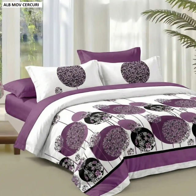 Poza produs Lenjerie pat cu husa FINET (6 piese) alb mov cercuri 180x200 cm, Ralex | 1 buc