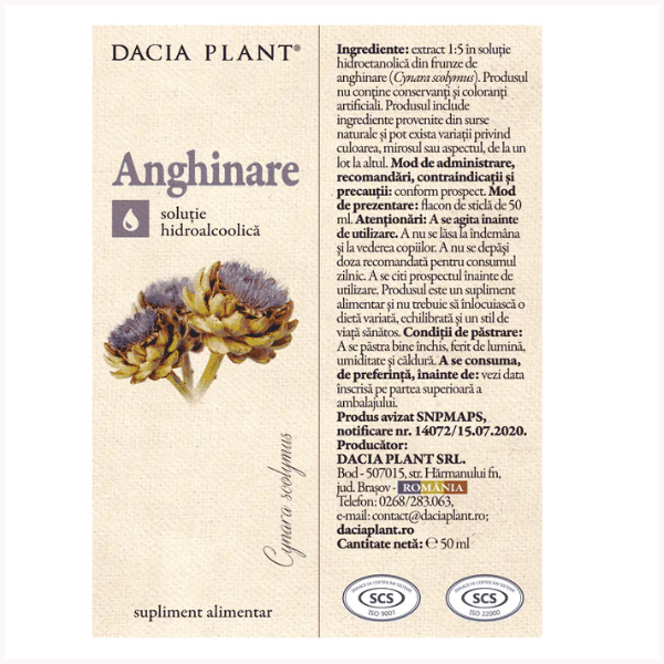 Poza produs Tinctura Anghinare, Dacia Plant | 50 ml