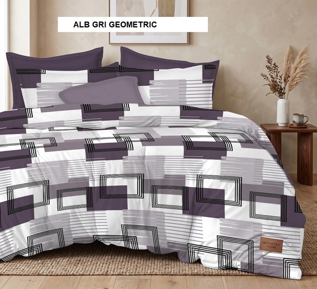 Poza produs Lenjerie pat cu husa FINET (6 piese) alb gri geometric 180x200 cm, Ralex | 1 buc