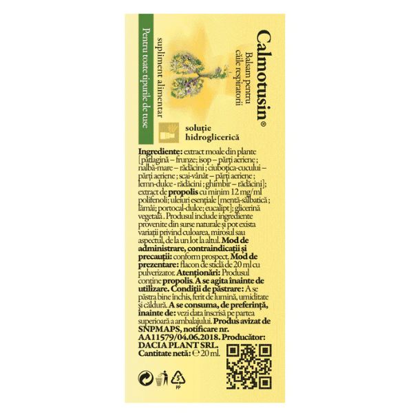 Poza produs Calmotusin Spray pentru gat cu propolis si menta fara alcool | 20 ml