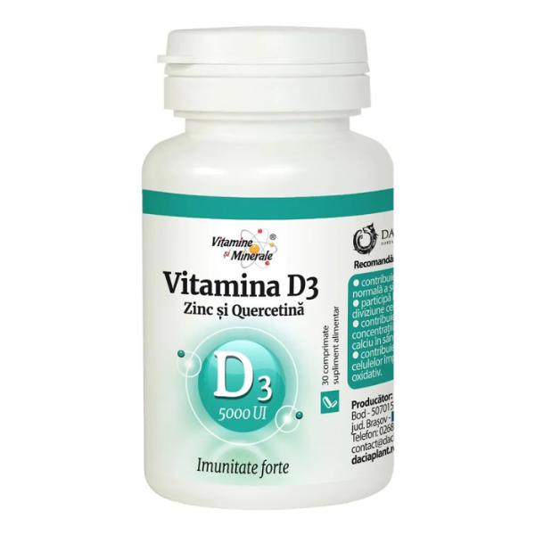 Poza produs Vitamina D3 (5000U.I.) cu Zinc si Quercitina, Dacia Plant | 30 comprimate