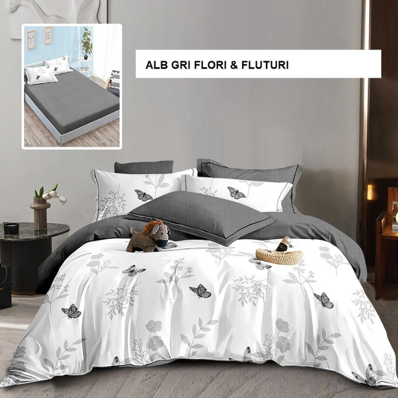 Poza produs Lenjerie pat cu husa FINET (6 piese) alb gri si fluturi 180x200 cm, Ralex | 1 buc
