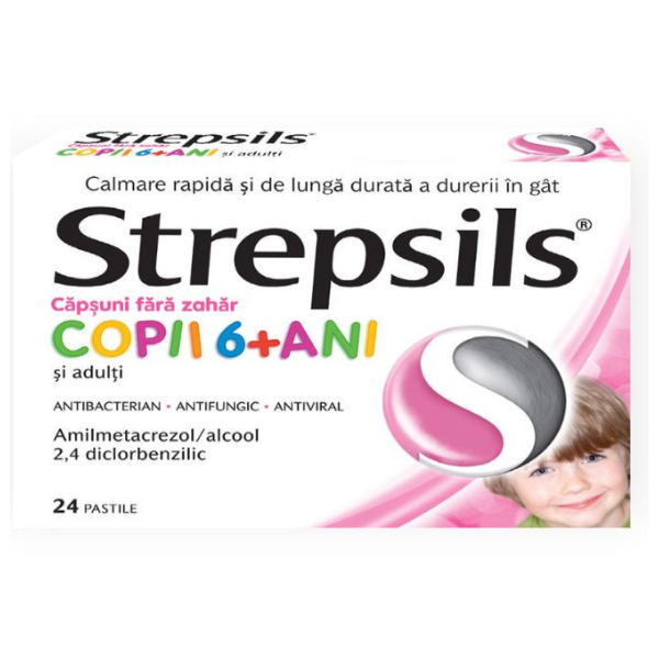 Poza produs Strepsils Capsuni fara zahar copii 6+ ani, Reckitt Benkiser | 24 pastile