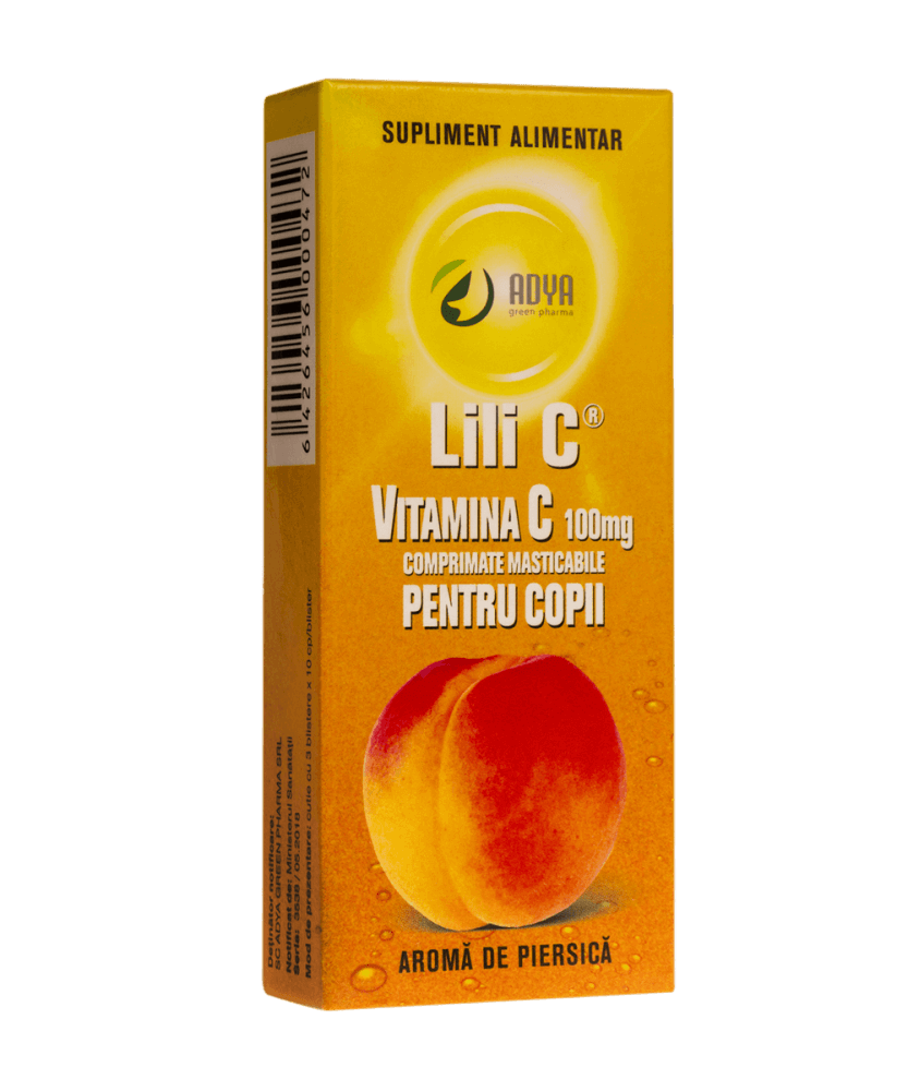 Poza produs Vitamina C 100 mg pentru copii cu aroma de piersica, Lili C, Adya Green Pharma | 30 comprimate