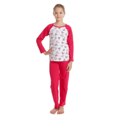 Pijama fete AT2435 rosu/gri inimioare, Andana | marimea 40 (13/14 ani)