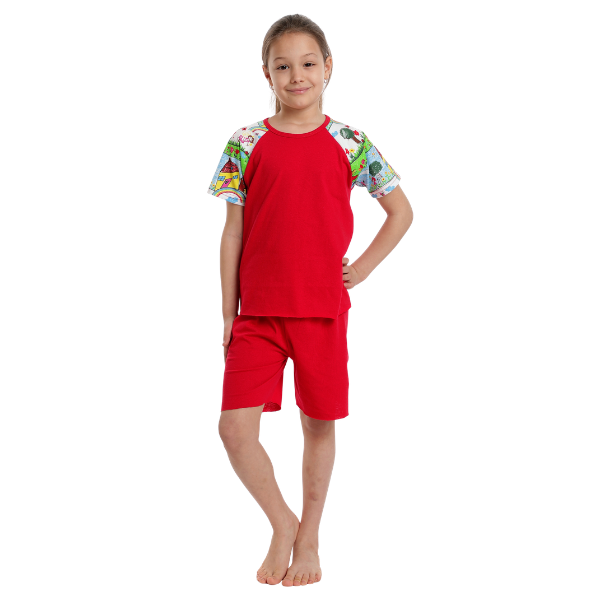 Pijama 3/4 copii AV2332 rosu/imprimeu casute, Andana | marimea 36 (9/10 ani) — poza produs 1/4