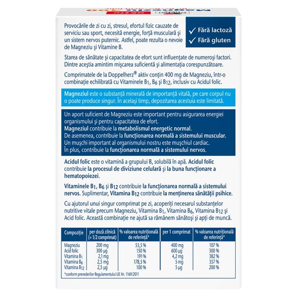 Magneziu 400 mg + Acid folic + Vitamina B1 + B6 + B12, Doppelherz Aktiv | 30 comprimate — poza produs 2/4