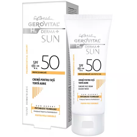 Poza produs Crema pentru fata SPF 50 tenta aurie H3 Derma+ Sun, Gerovital, Farmec | 50 ml