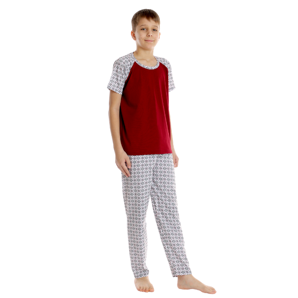 Pijama baieti AP2536 grena/alb imprimeu, Andana | marimea 38 (11/12 ani) — poza produs 2/3