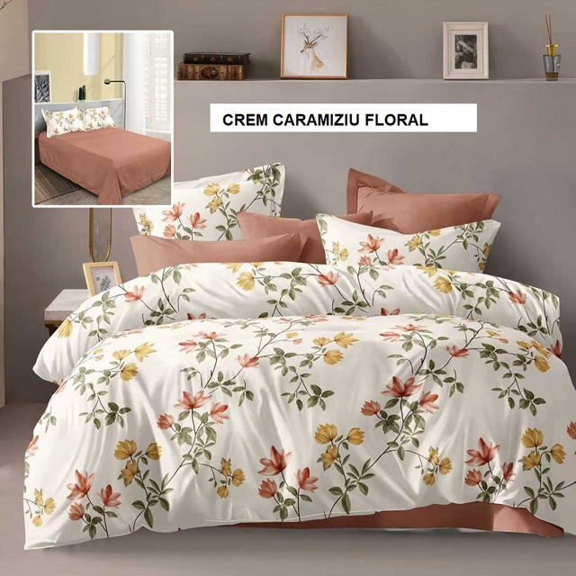 Poza produs Lenjerie de pat policoton ELVO crem caramiziu floral 230x250 cm, Ralex | 1 buc
