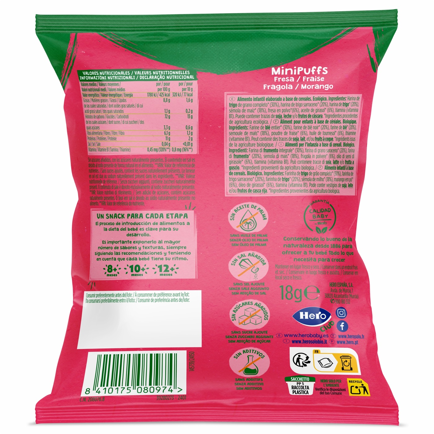 Poza produs Snack Bio din cereale cu capsuni Solo Minipuffs 8+ luni, Hero | 18 g