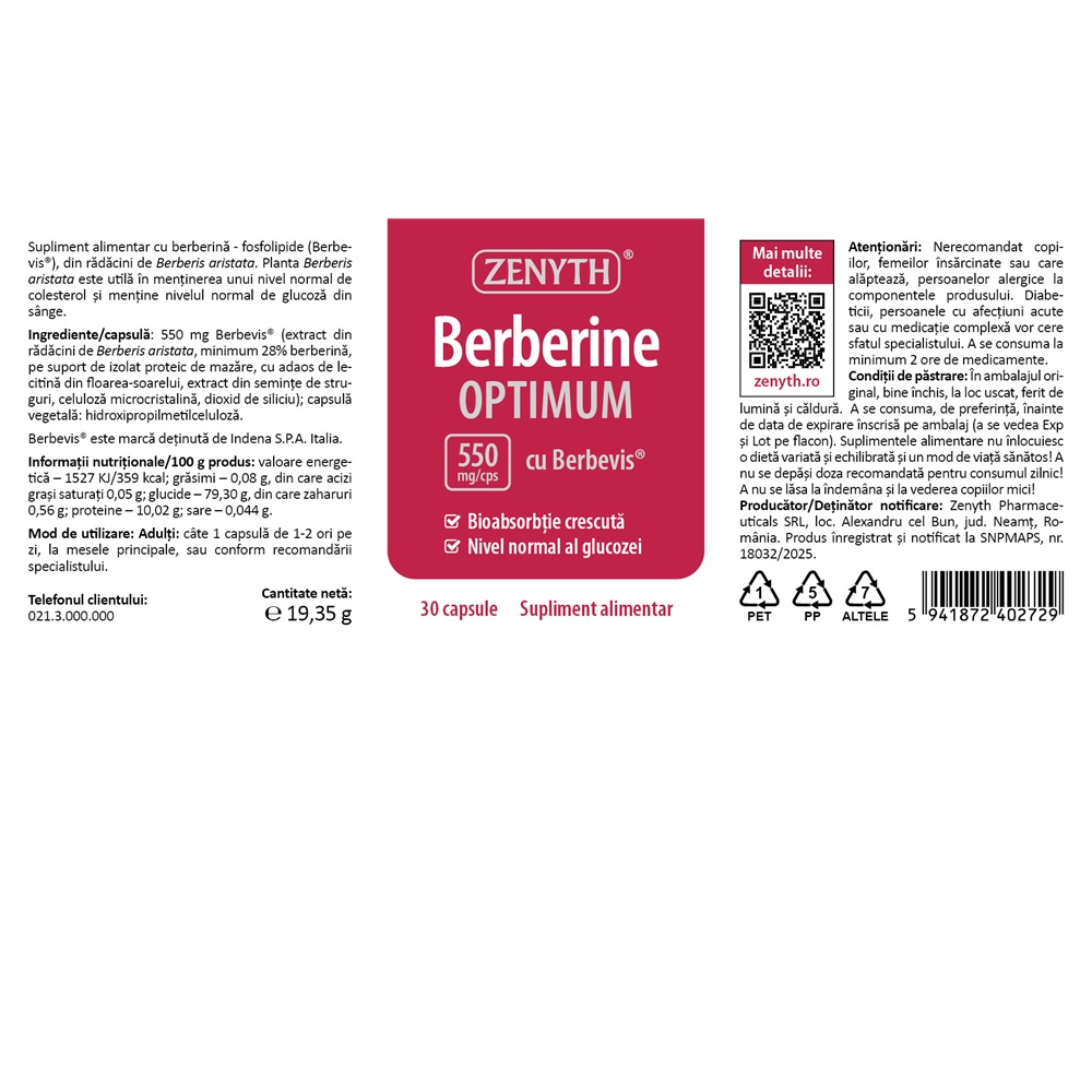 Poza produs Berberine optimum, 550 mg, Zenyth | 30 capsule