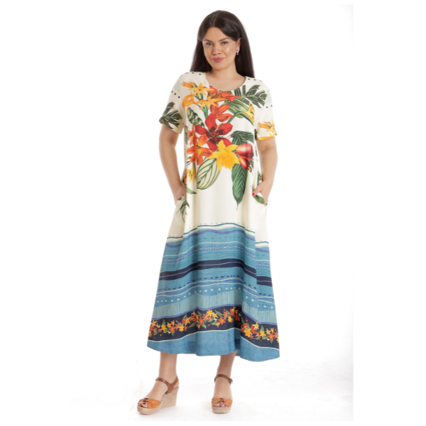 Poza produs Rochie lunga ERV23V230 crem floral/albastru, Eranthe | marimea L