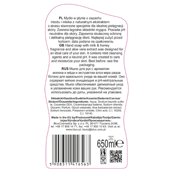 Poza produs Sapun lichid Lapte si Miere cu extract de Aloe Vera Naturaphy, Blux | 650 ml